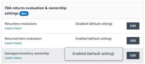 FBA Returns Evaluation & Ownership settings