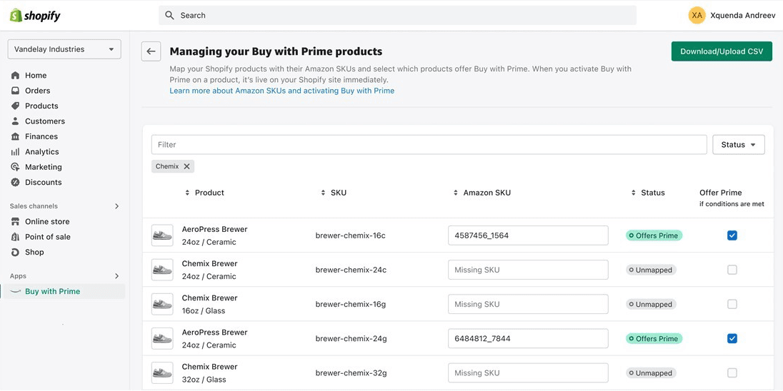 Shopify Buy with Prime admin interface. Бизнес на Амазоне