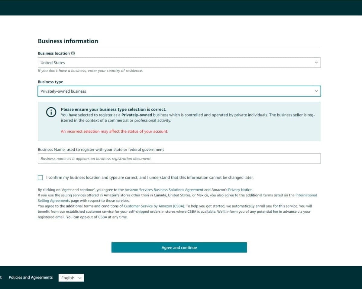 Учетная запись Amazon и business location